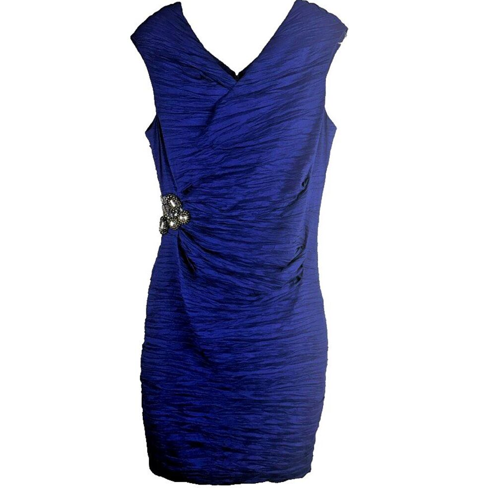Calvin Klein Dress Women 12 Blue Sleeveless Ruched Sheath Party Stretch Cocktail